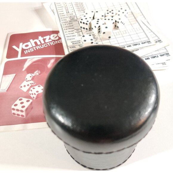 Black Stitched Leather Pub Dice Cup w/ Yangtze Pads 1982 Instructions & Dice - Picture 5 of 7